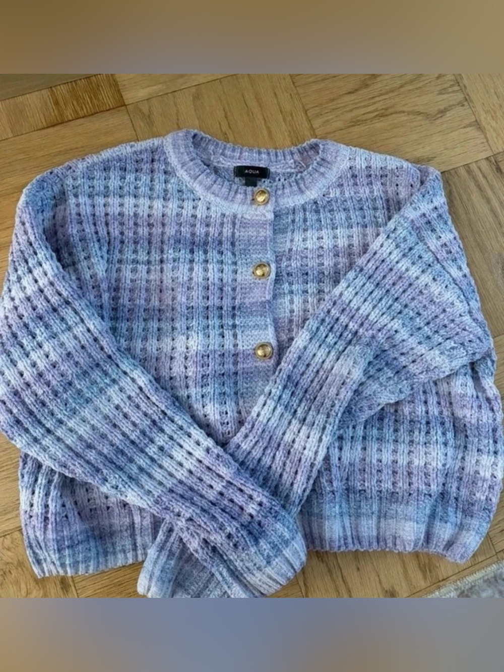 Aqua Lavender and Blue Ribbed Multicolor Cardigan with Gold Buttons